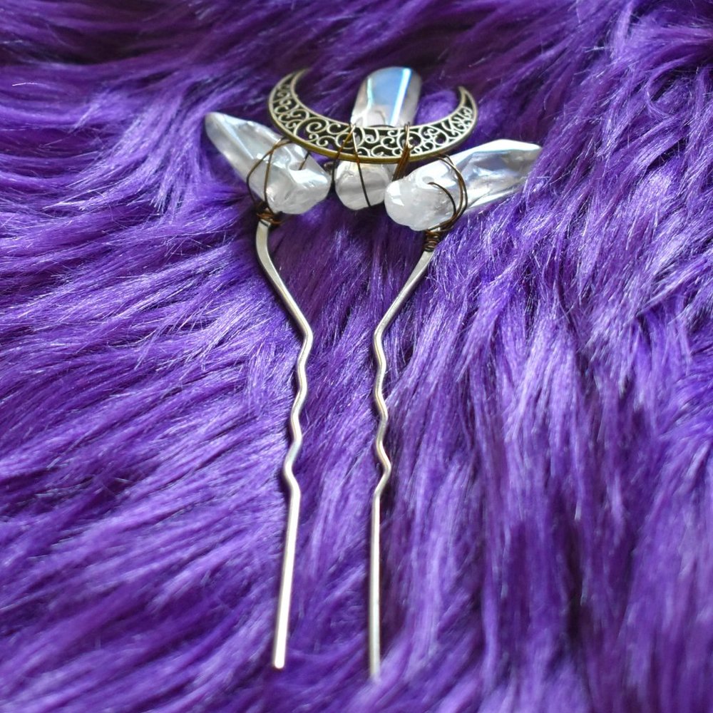 Aura Clear Quartz and Moon Hair Pin